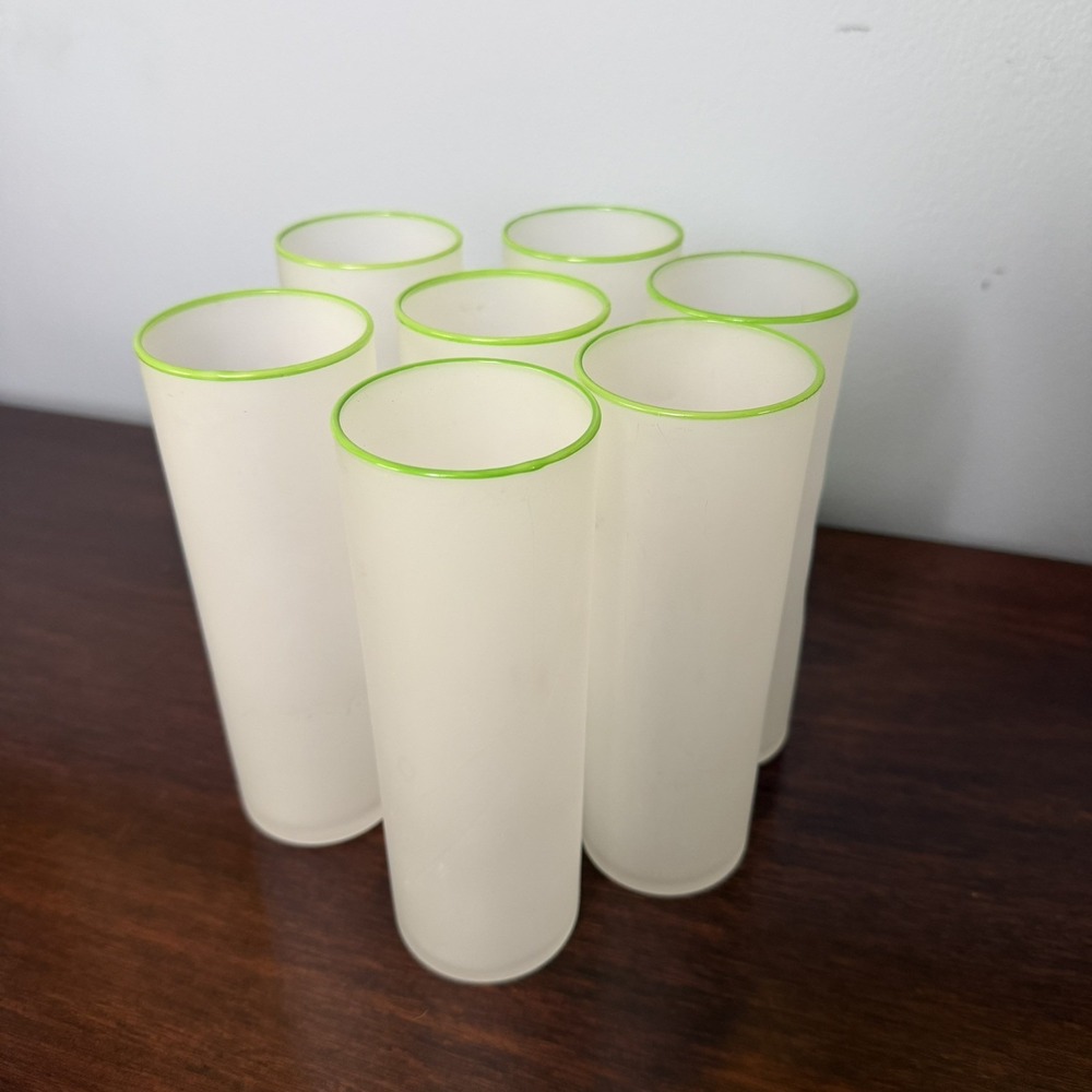 Frosted MCM Highball Glasses Green BANDED Vintage Set 7 Tom Collins Retro
